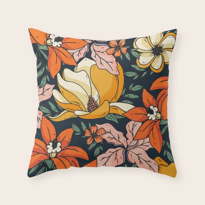 Night Forest, Colorful Dark Eclectic Floral Nature Botanical Jungle Floral Bohemian Illustration Throw Pillow