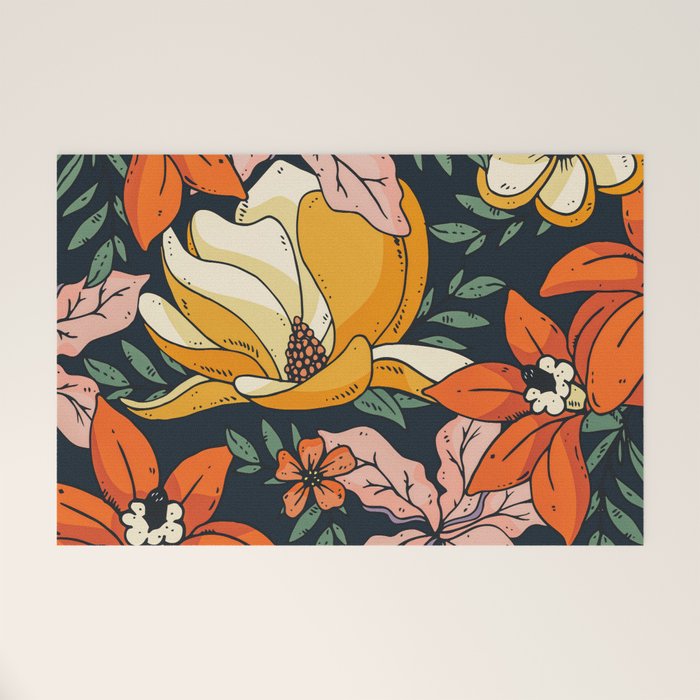 Night Forest, Colorful Dark Eclectic Floral Nature Botanical Jungle Floral Bohemian Illustration Welcome Mat