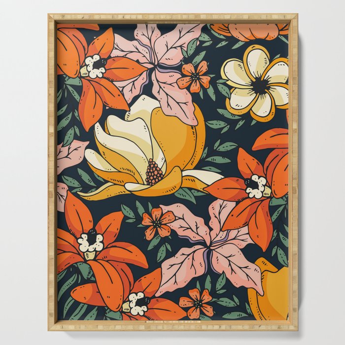 Night Forest, Colorful Dark Eclectic Floral Nature Botanical Jungle Floral Bohemian Illustration Serving Tray