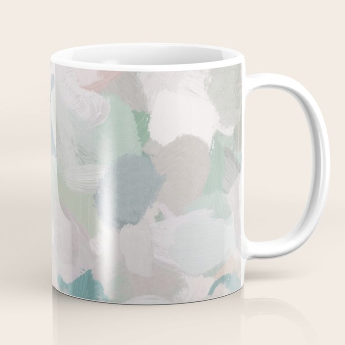Fuzzy Flowers I - Mint Seafoam Green Dusty Rose Blush Pink Abstract Nature Spring Painting Print Coffee Mug