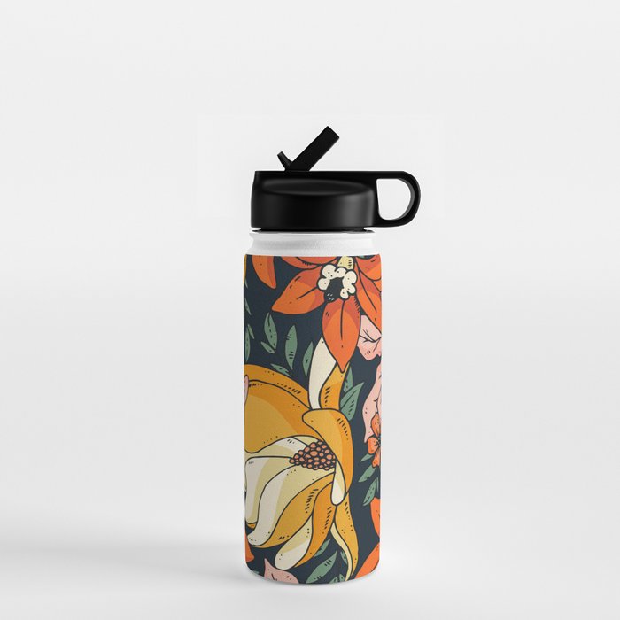 Night Forest, Colorful Dark Eclectic Floral Nature Botanical Jungle Floral Bohemian Illustration Water Bottle