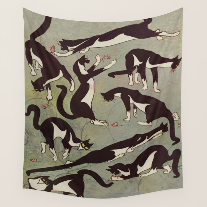 Edited Magazine Cover - The Lone Hand - 1909 Cat Playing With Mouse Vintage Pattern Wall Tapestry