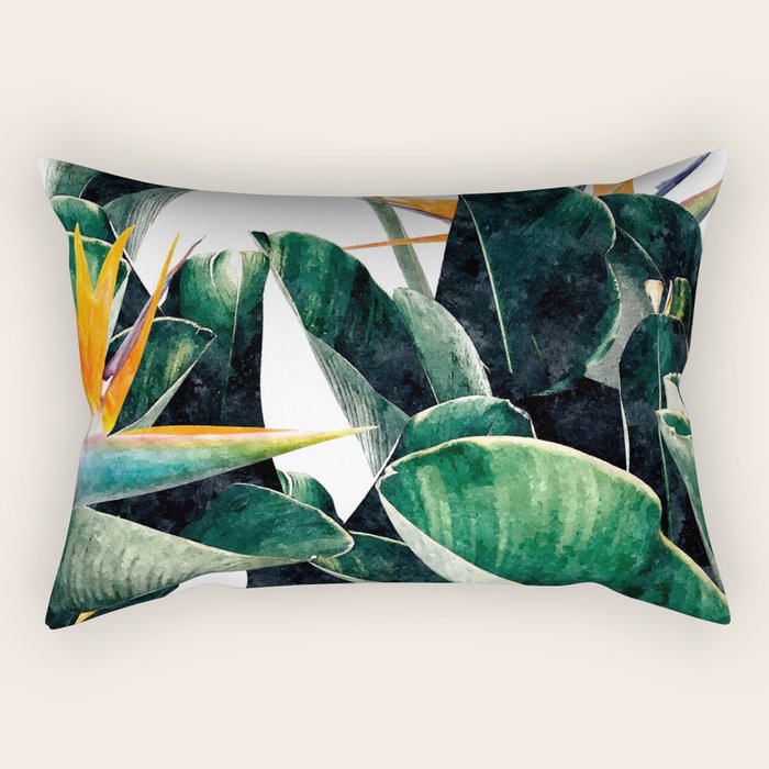 Paradise Bird, Nature Botanical Plant Floral, Tropical Garden Watercolor Painting Rectangular Pillow