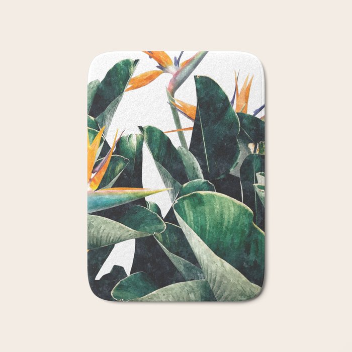 Paradise Bird, Nature Botanical Plant Floral, Tropical Garden Watercolor Painting Bath Mat