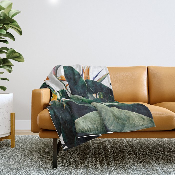 Paradise Bird, Nature Botanical Plant Floral, Tropical Garden Watercolor Painting Throw Blanket