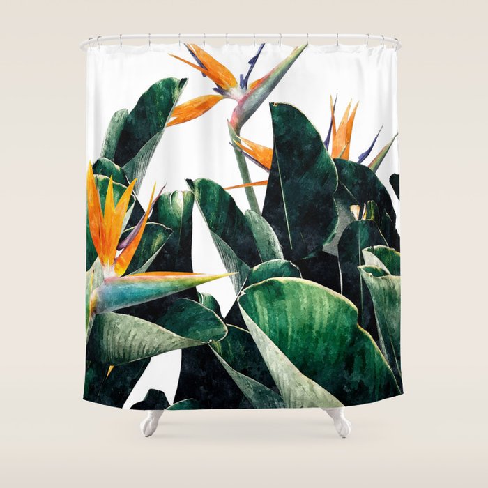 Paradise Bird, Nature Botanical Plant Floral, Tropical Garden Watercolor Painting Shower Curtain
