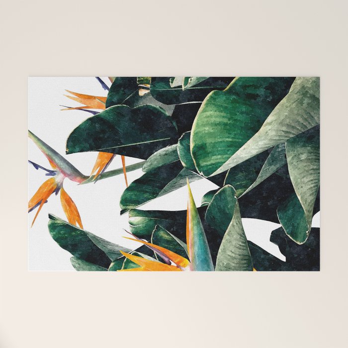 Paradise Bird, Nature Botanical Plant Floral, Tropical Garden Watercolor Painting Welcome Mat