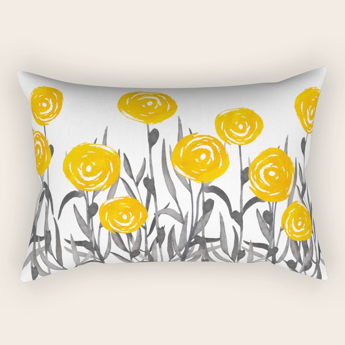 Fall Sunshine, Floral Watercolor Print, Yellow And Gray Rectangular Pillow