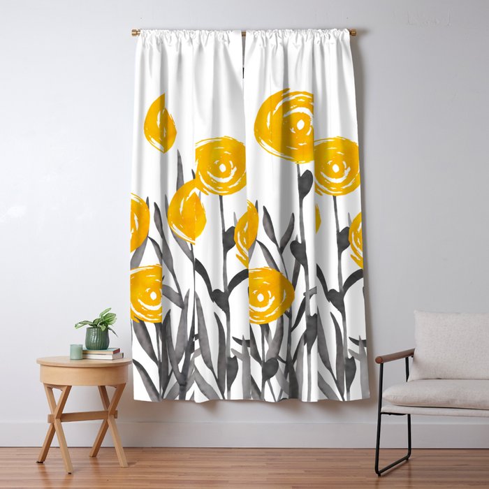 Fall Sunshine, Floral Watercolor Print, Yellow And Gray Window Curtain