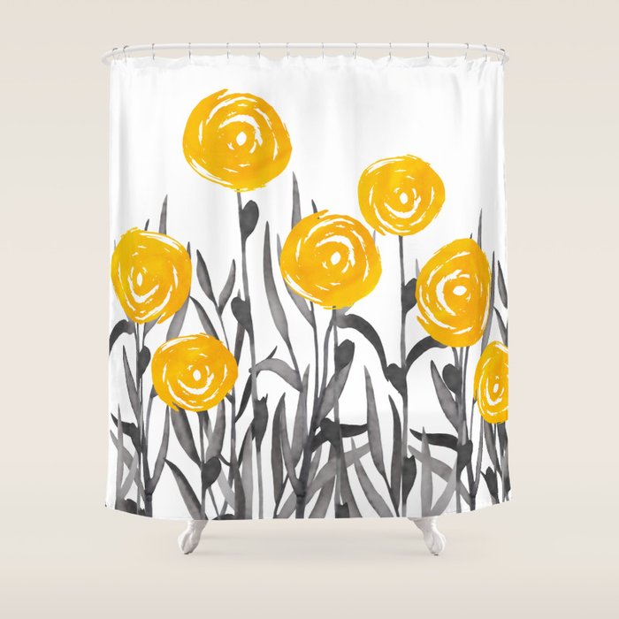 Fall Sunshine, Floral Watercolor Print, Yellow And Gray Shower Curtain