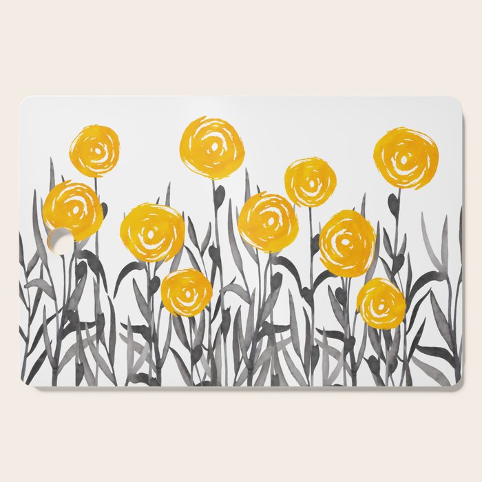 Fall Sunshine, Floral Watercolor Print, Yellow And Gray Cutting Board