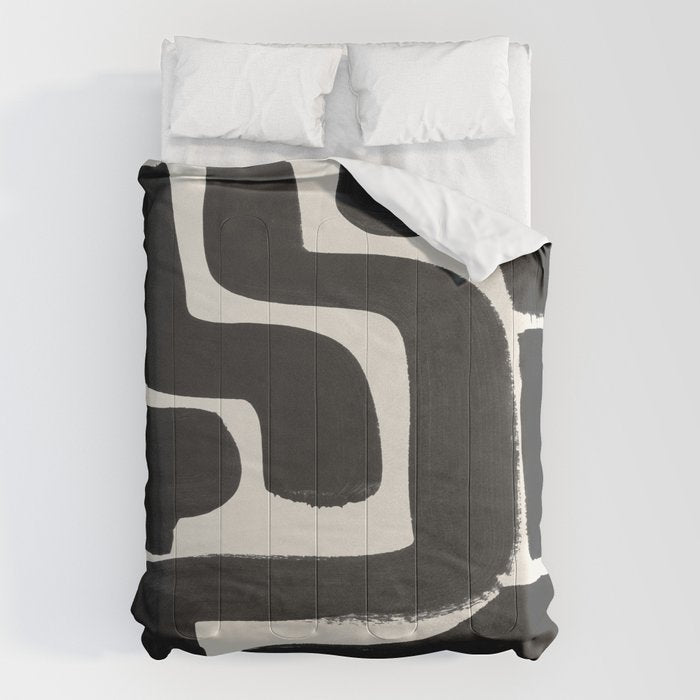 Black Ink Paint Brush Strokes Abstract Organic Pattern Mid Century Style Comforter