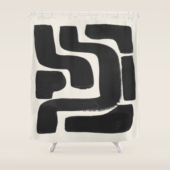 Black Ink Paint Brush Strokes Abstract Organic Pattern Mid Century Style Shower Curtain