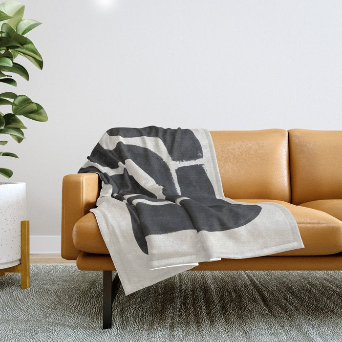 Black Ink Paint Brush Strokes Abstract Organic Pattern Mid Century Style Throw Blanket