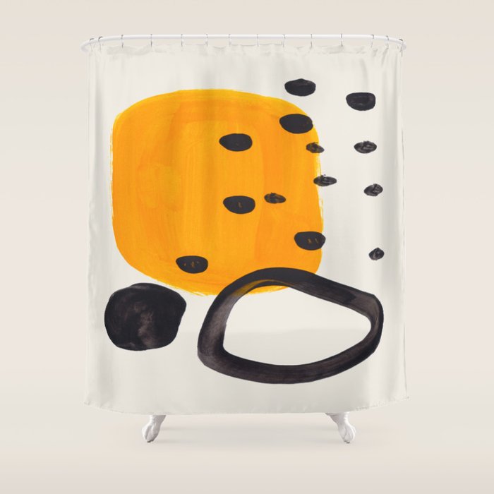 Unique Abstract Unique Mid Century Modern Yellow Mustard Black Ring Dots Shower Curtain