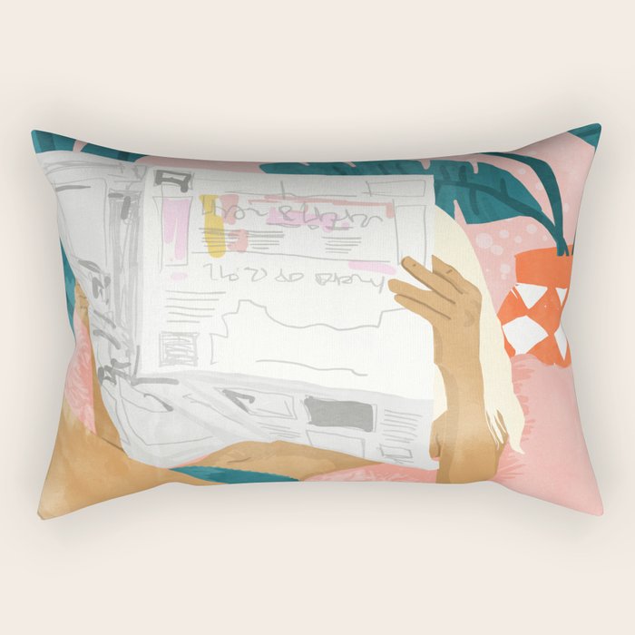 Modern Bohemian Morning Newspaper | Tropical Banana Leaves Palm Watercolor | Boho Woman & Decor Rectangular Pillow