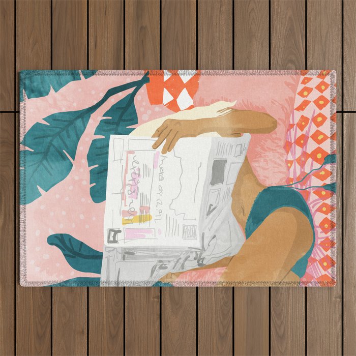 Modern Bohemian Morning Newspaper | Tropical Banana Leaves Palm Watercolor | Boho Woman & Decor Outdoor Rug