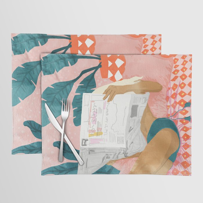 Modern Bohemian Morning Newspaper | Tropical Banana Leaves Palm Watercolor | Boho Woman & Decor Placemat