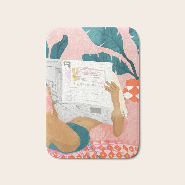 Modern Bohemian Morning Newspaper | Tropical Banana Leaves Palm Watercolor | Boho Woman & Decor Bath Mat