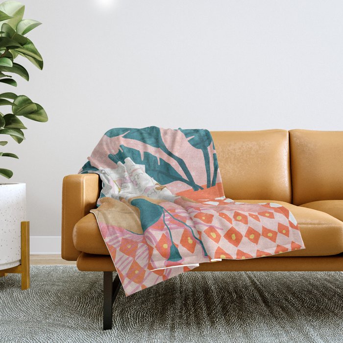 Modern Bohemian Morning Newspaper | Tropical Banana Leaves Palm Watercolor | Boho Woman & Decor Throw Blanket