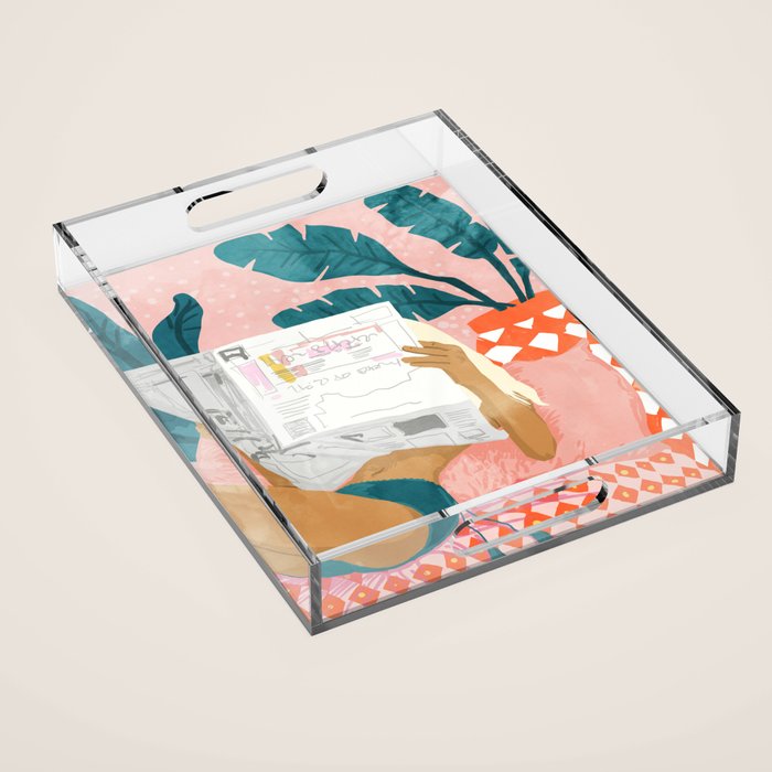 Modern Bohemian Morning Newspaper | Tropical Banana Leaves Palm Watercolor | Boho Woman & Decor Acrylic Tray