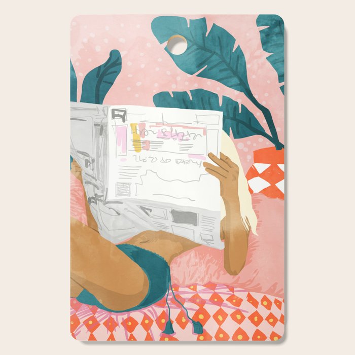 Modern Bohemian Morning Newspaper | Tropical Banana Leaves Palm Watercolor | Boho Woman & Decor Cutting Board