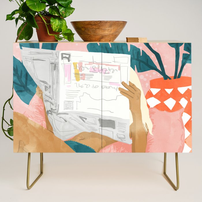 Modern Bohemian Morning Newspaper | Tropical Banana Leaves Palm Watercolor | Boho Woman & Decor Credenza