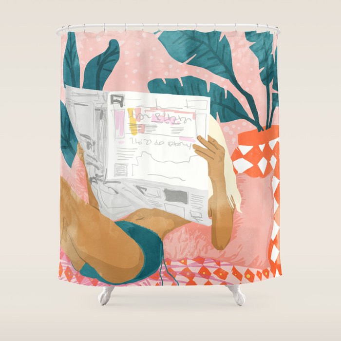 Modern Bohemian Morning Newspaper | Tropical Banana Leaves Palm Watercolor | Boho Woman & Decor Shower Curtain