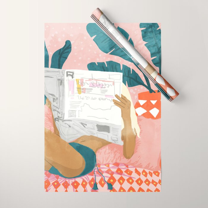 Modern Bohemian Morning Newspaper | Tropical Banana Leaves Palm Watercolor | Boho Woman & Decor Wrapping Paper