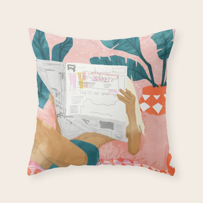 Modern Bohemian Morning Newspaper | Tropical Banana Leaves Palm Watercolor | Boho Woman & Decor Throw Pillow