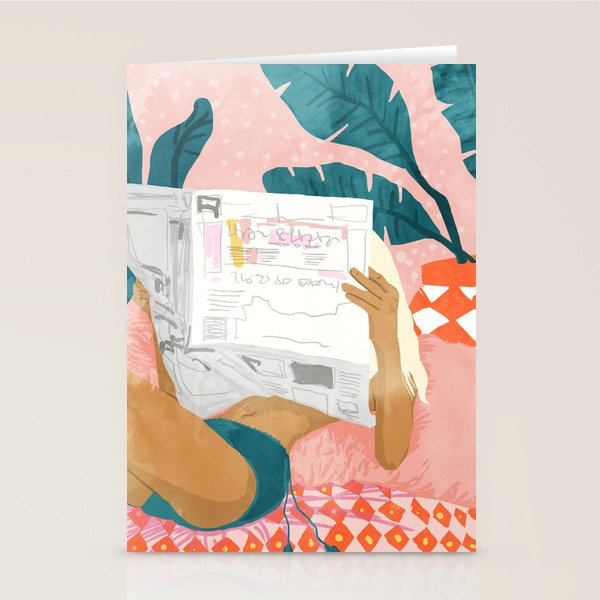 Modern Bohemian Morning Newspaper | Tropical Banana Leaves Palm Watercolor | Boho Woman & Decor Stationery Card