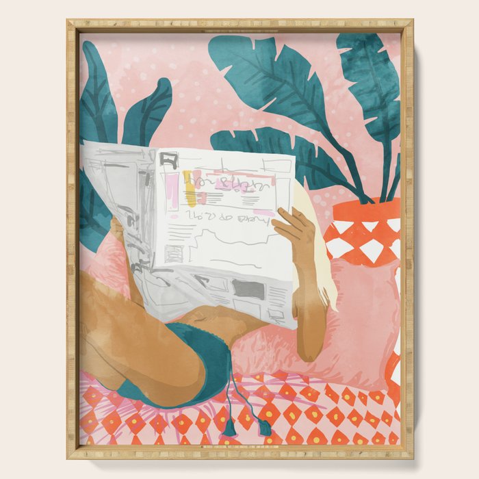 Modern Bohemian Morning Newspaper | Tropical Banana Leaves Palm Watercolor | Boho Woman & Decor Serving Tray
