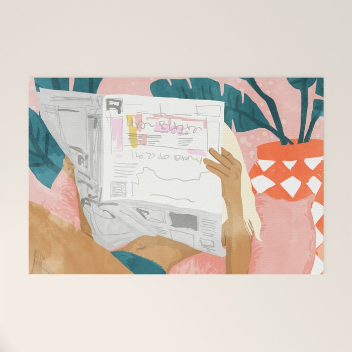Modern Bohemian Morning Newspaper | Tropical Banana Leaves Palm Watercolor | Boho Woman & Decor Welcome Mat