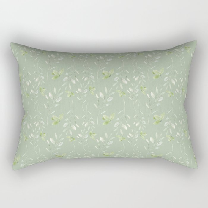 Mint Green Watercolor Hand Painted Floral Leaves Rectangular Pillow