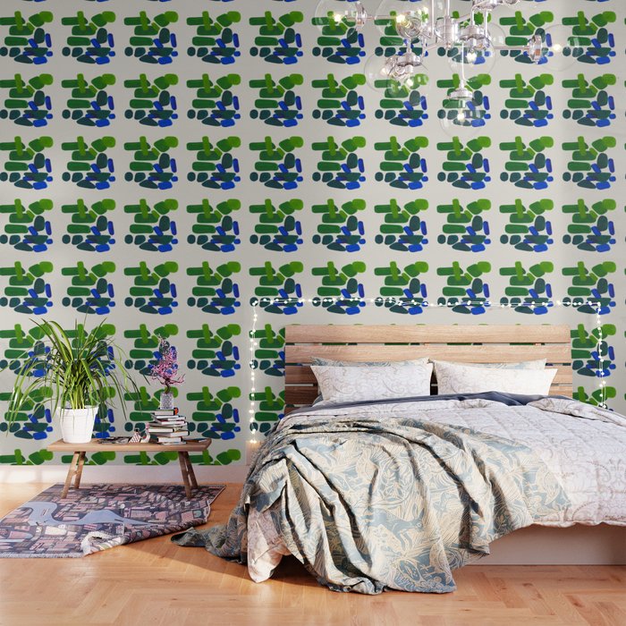 Minimalist Modern Mid Century Colorful Abstract Shapes Phthalo Blue Lime Green Gradient Overlapping Wallpaper