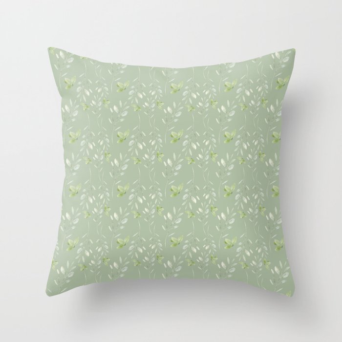 Mint Green Watercolor Hand Painted Floral Leaves Throw Pillow