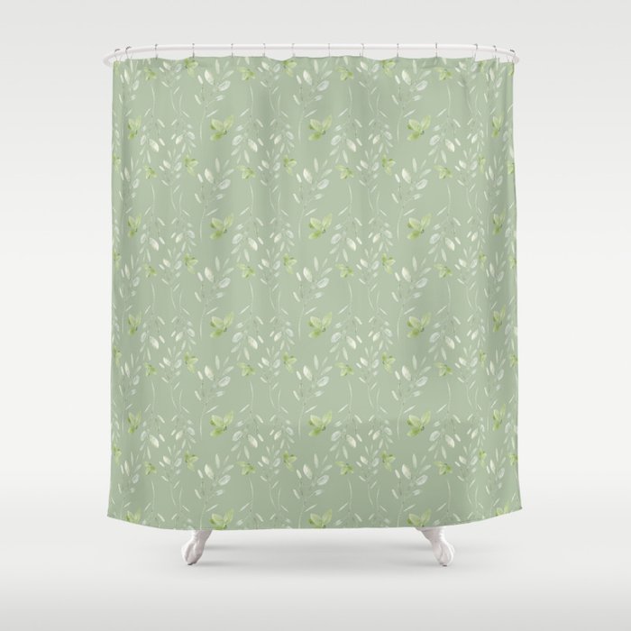 Mint Green Watercolor Hand Painted Floral Leaves Shower Curtain