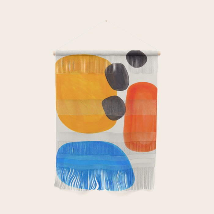 Minimalist Modern Mid Century Colorful Abstract Shapes Primary Colors Yellow Orange Blue Bubbles Wall Hanging