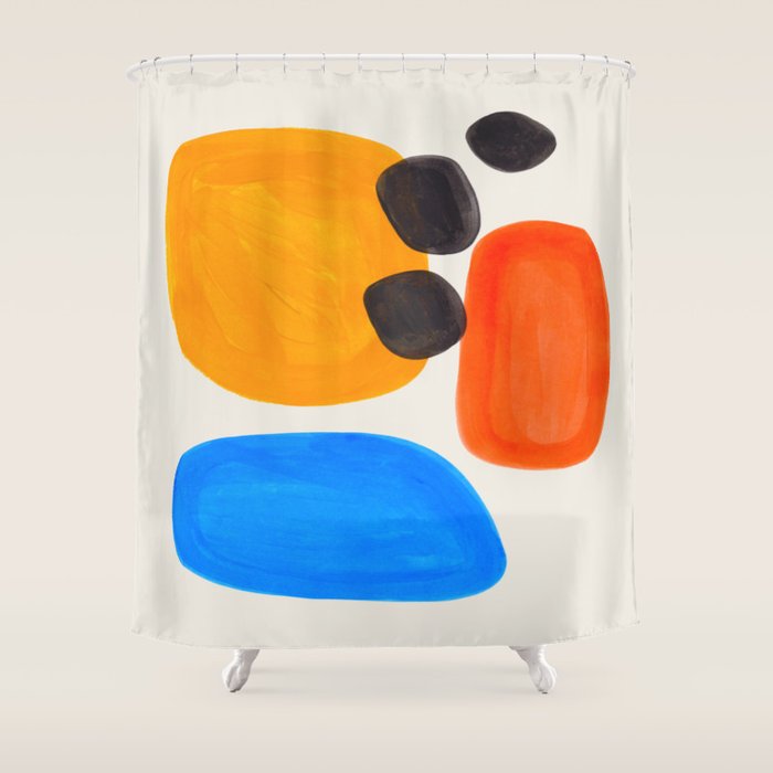 Minimalist Modern Mid Century Colorful Abstract Shapes Primary Colors Yellow Orange Blue Bubbles Shower Curtain