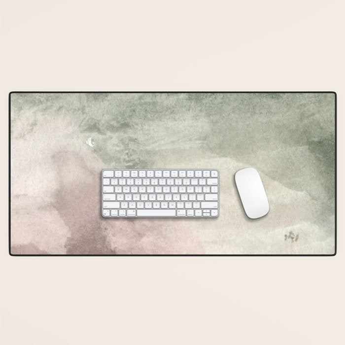 Abstract Blush Pink Green White Watercolor Brushstrokes Desk Mat