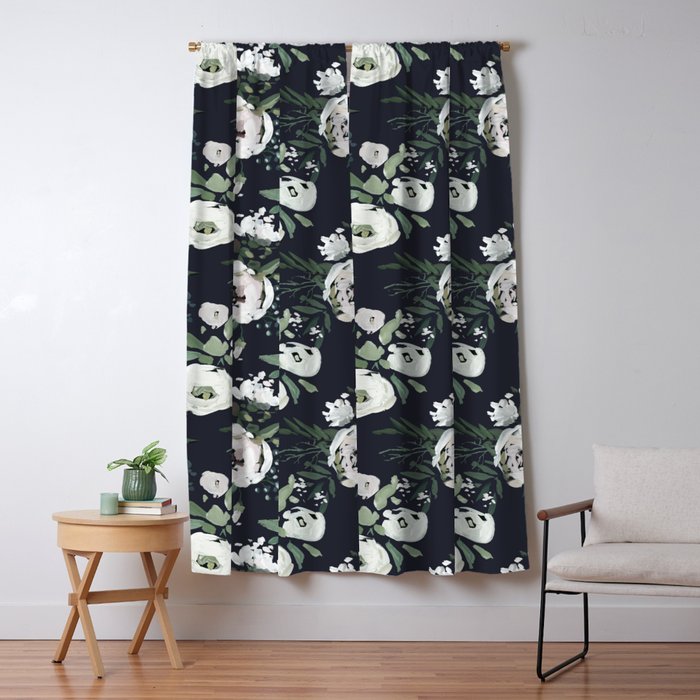 Blush Pink White Green Black Watercolor Modern Floral Window Curtain