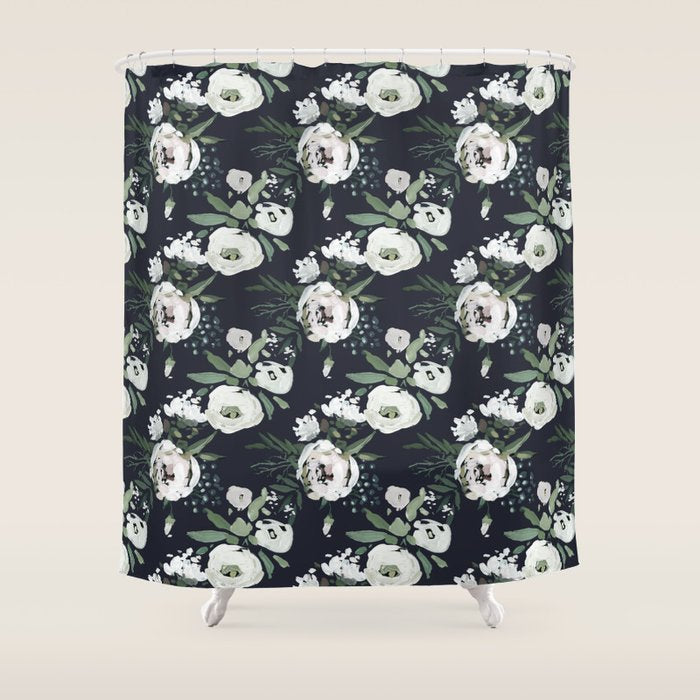 Blush Pink White Green Black Watercolor Modern Floral Shower Curtain