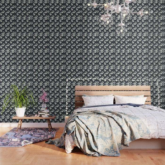 Blush Pink White Green Black Watercolor Modern Floral Wallpaper