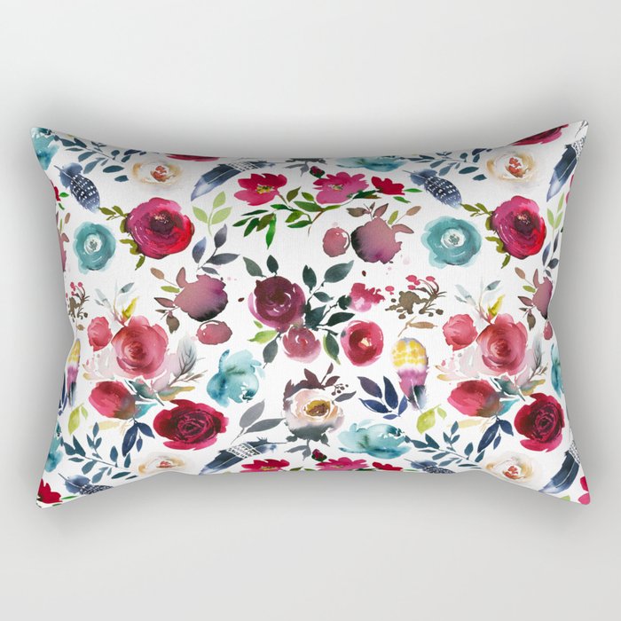 Burgundy Pink Teal Blue Watercolor Boho Floral Rectangular Pillow
