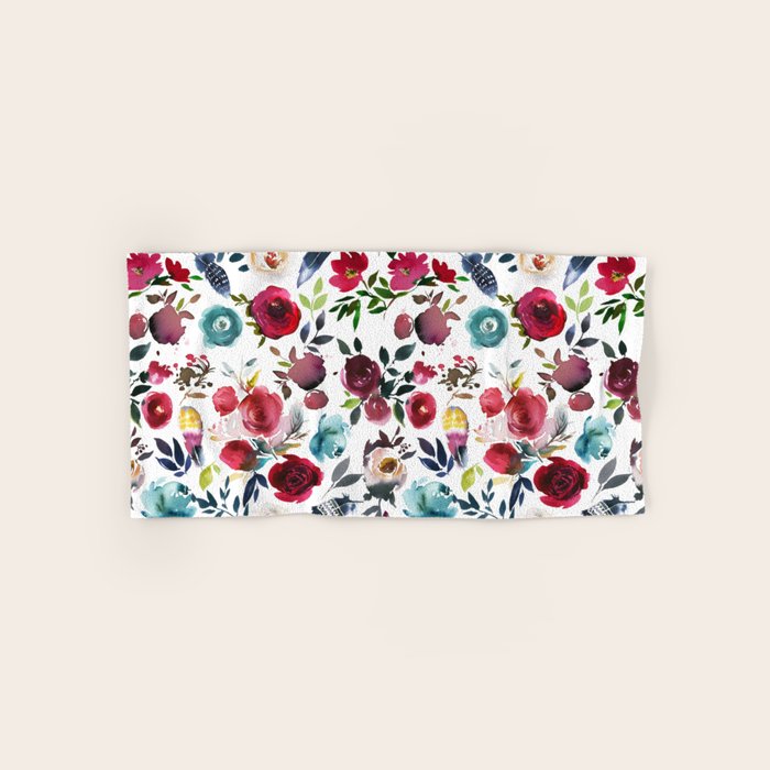 Burgundy Pink Teal Blue Watercolor Boho Floral Bath Towel