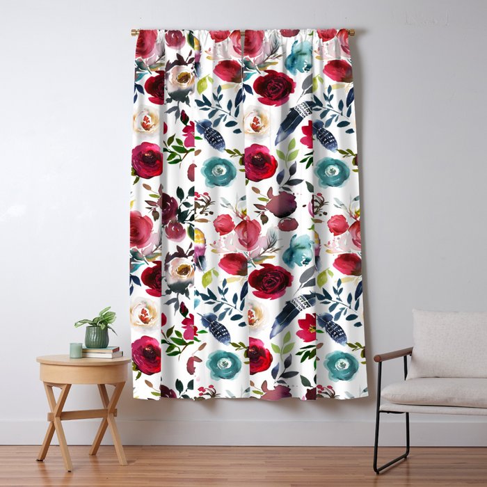 Burgundy Pink Teal Blue Watercolor Boho Floral Window Curtain