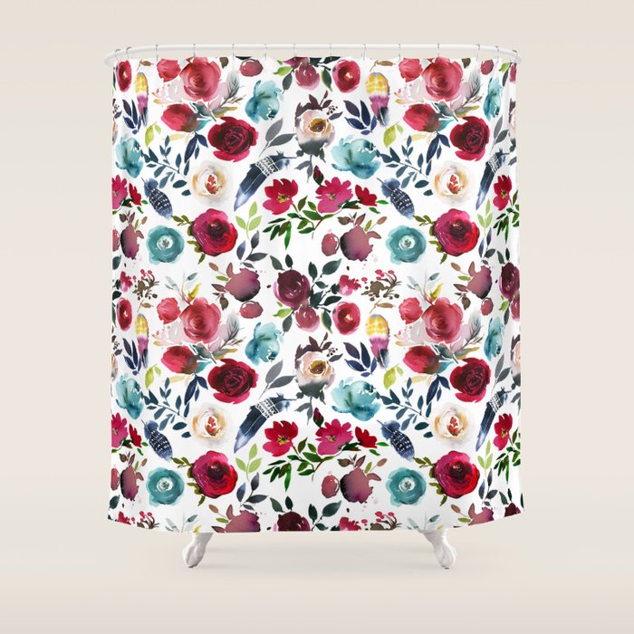 Burgundy Pink Teal Blue Watercolor Boho Floral Shower Curtain