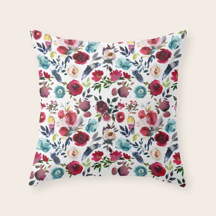 Burgundy Pink Teal Blue Watercolor Boho Floral Throw Pillow