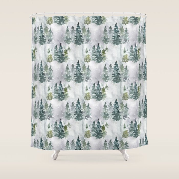 Watercolor Forest Green Snow Christmas Pine Tree Shower Curtain