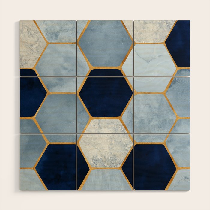 Deco Blue Marble Tile Pattern Wood Wall Art